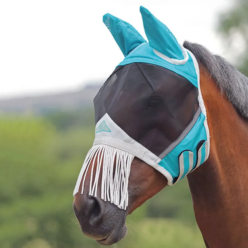 FlyGuard Pro Fine Mesh Fly Mask With Ears and Nose Fringe Teal